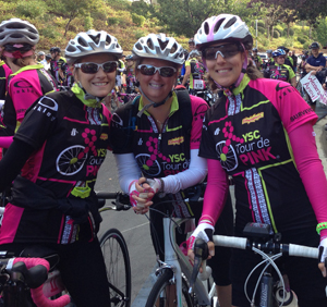 Me, at right, with fellow survivor Karin at the start of the 2012 YSC Tour de Pink West Coast.